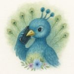 Ilustración de un pájaro azul usando un teléfono móvil, rodeado de plumas de pavo real y flores.