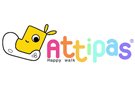 Logo colorido de Attipas con una caricatura de un zapato y el texto "happy with" en letras divertidas.