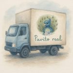 Ilustración de un camión azul con un diseño de pajarito en la caja que dice "Pavito real" y plumas de pavo real.