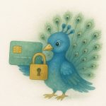 Ilustración de un pájaro azul con una tarjeta de crédito y un candado, simbolizando seguridad financiera.